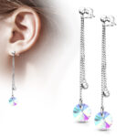 Pair of 316L Surgical Steel Earrings with Double Chain and Multi-Faceted Iridescent Charm